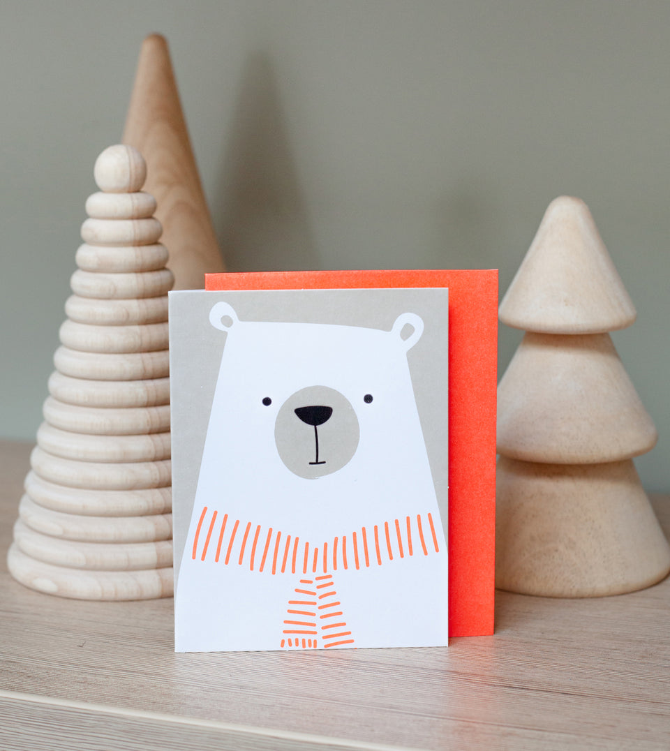 Polar Bear greeting card (grey, coral)