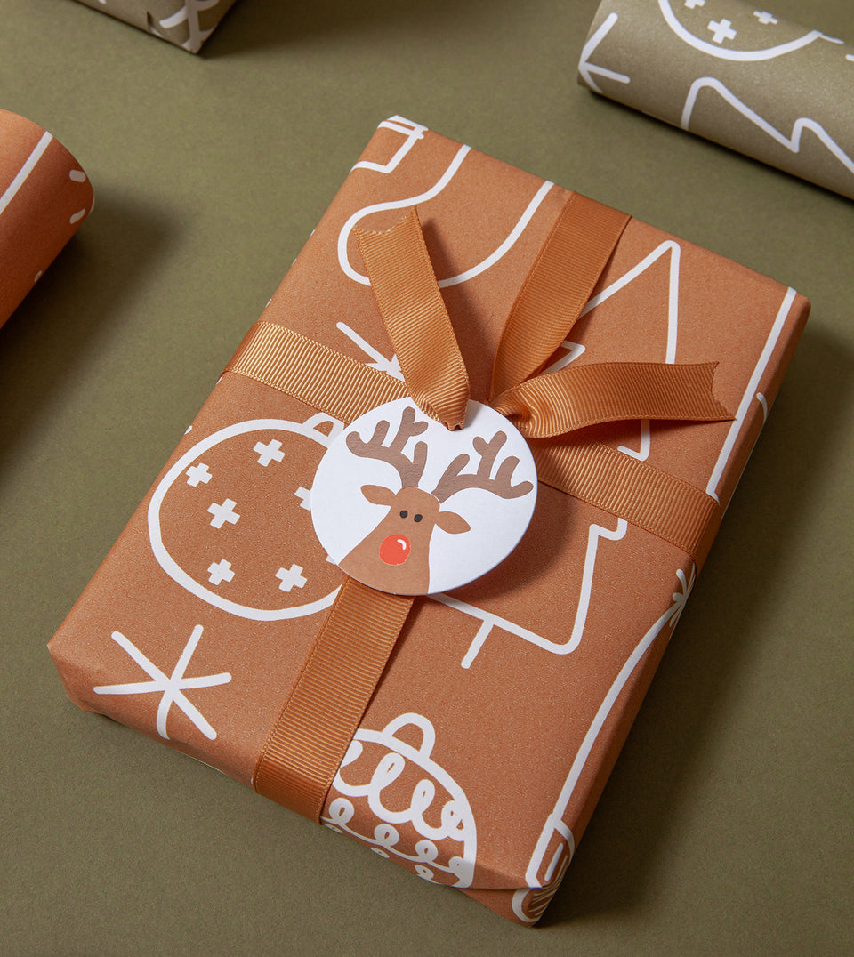 MadePaperCo Christmas 2024 Big Xmas Chestnut wrapping paper Reindeer gift tags gingerbread ribbon