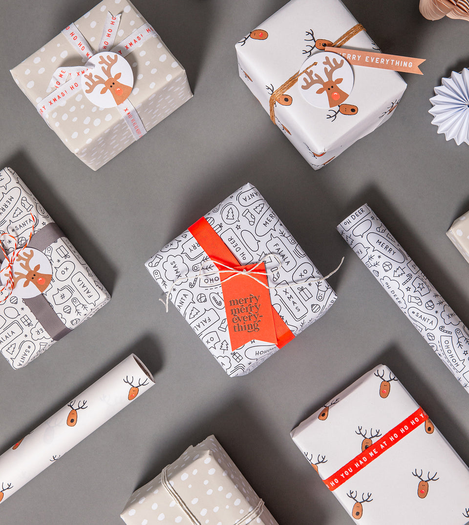 MadePaperCo Christmas 2024  wrapping paper Speech Reindeer Snowflake white grey