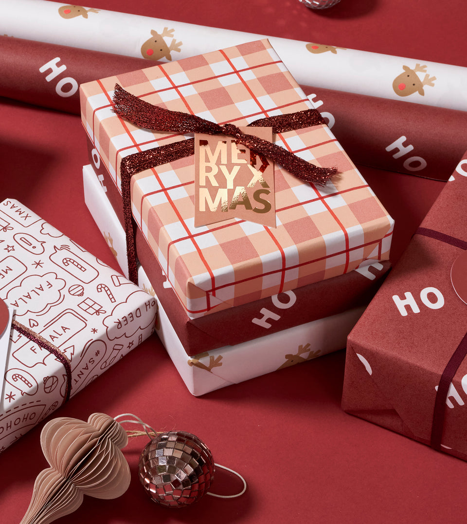 Tartan wrapping paper (dusty rose, peachy pink, red, wine)
