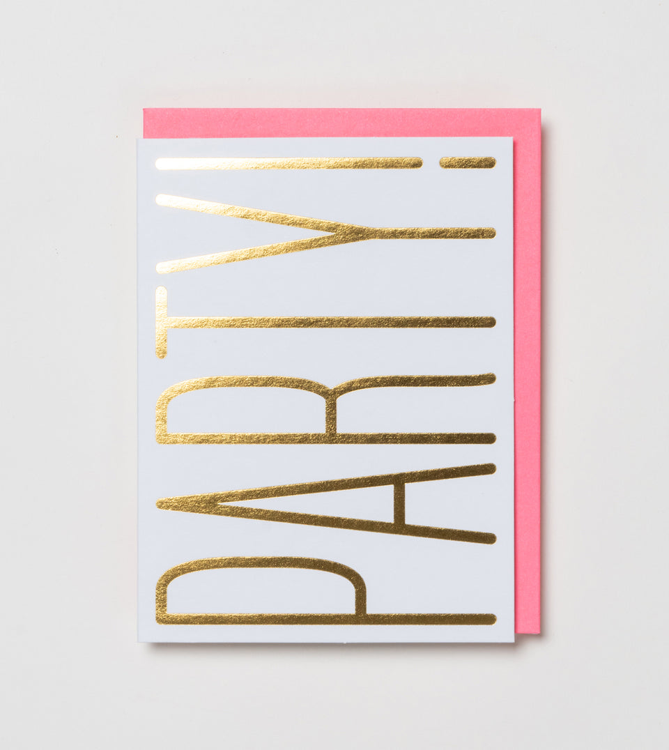 Party! greeting card (gold metallic and neon pink)