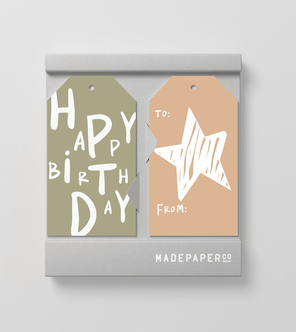 Happy Birthday + Star 10pk gift tags (khaki, tan)