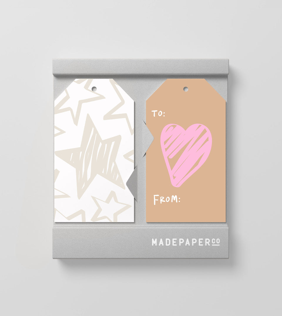 Star + Heart 10pk gift tags (grey and pink)