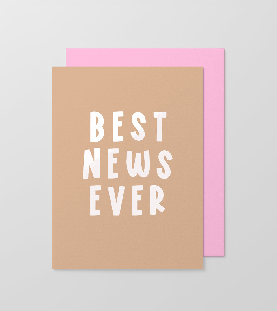 best news ever-greeting card-made paper co-neon pink-tan-congratulations-celebrate